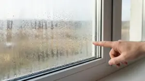 Mano che indica condensa su un vetro finestra