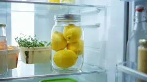 Barattolo di vetro con limoni immersi in acqua conservato in frigorifero