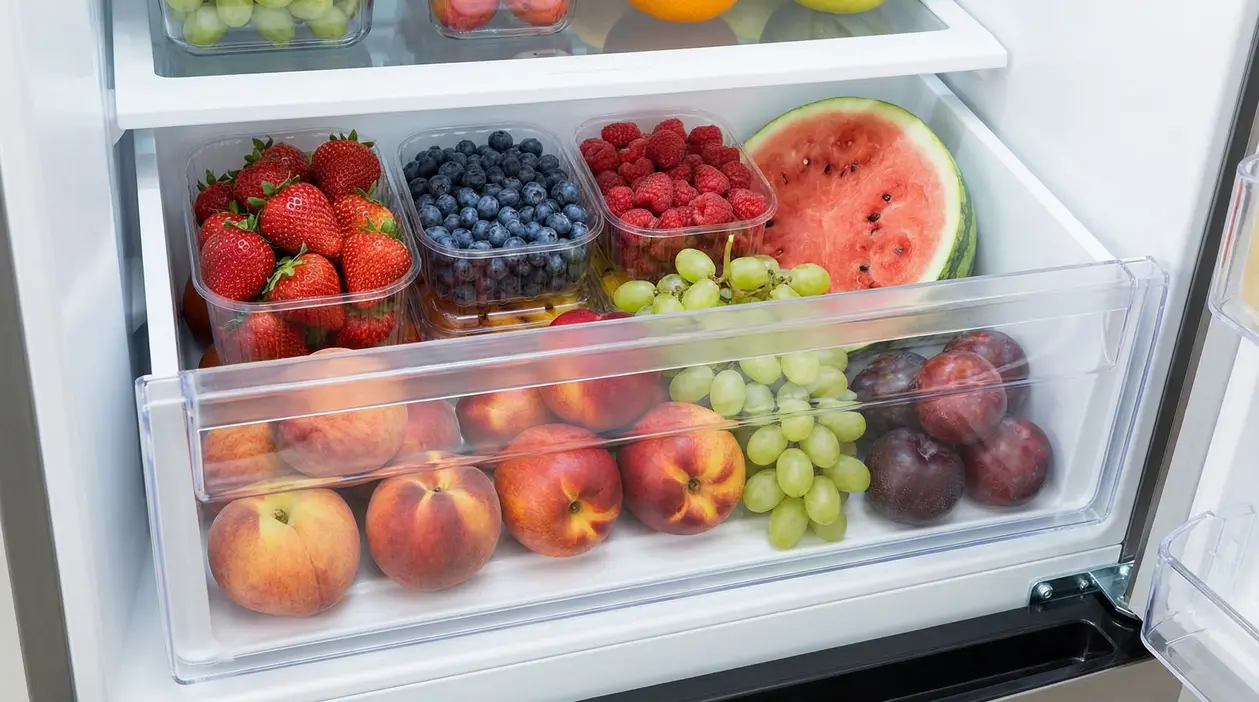 Frutta estiva fresca conservata in frigorifero, tra cui fragole, mirtilli, lamponi e anguria