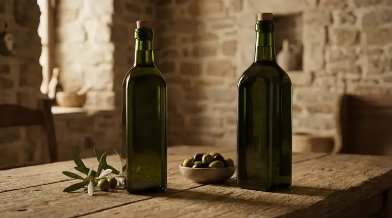 Due bottiglie di vetro verde con olio extravergine di oliva su un tavolo rustico