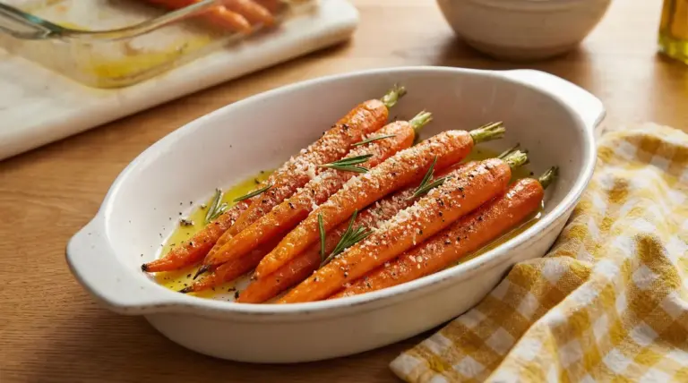 Carote al forno condite con olio, rosmarino e formaggio in una pirofila bianca