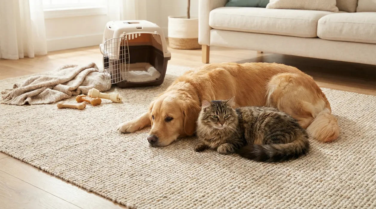 Cane e gatto rilassati su un tappeto in salotto vicino a trasportino e giochi
