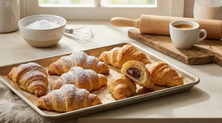 Cornetti fatti in casa su una teglia, alcuni spolverati di zucchero a velo, uno con ripieno di cioccolato