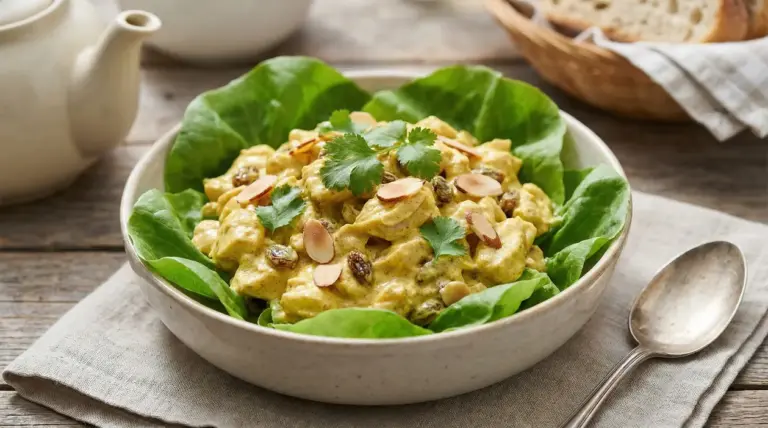 Ciotola di Coronation chicken con lattuga, mandorle e coriandolo su un tavolo rustico