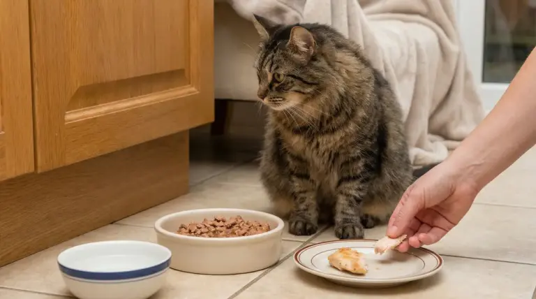 Gatto seduto davanti a ciotole di cibo, sembra poco interessato a mangiare