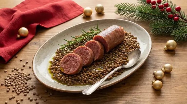 Cotechino affettato servito su letto di lenticchie con decorazioni natalizie