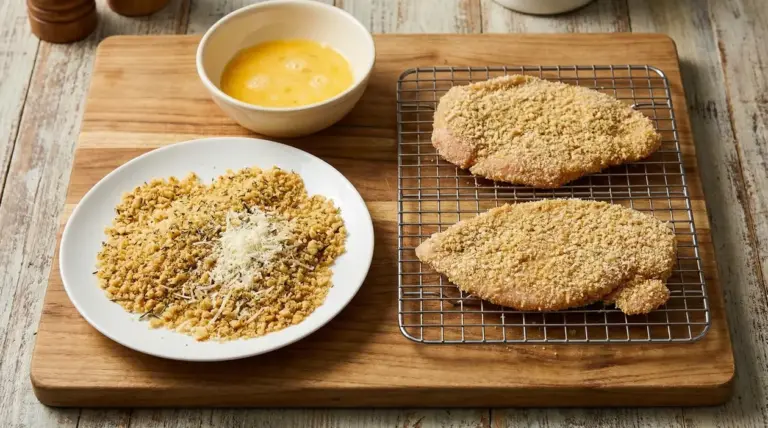 Cotoletta impanata senza farina su griglia, accanto a uova sbattute e panatura croccante su piatto