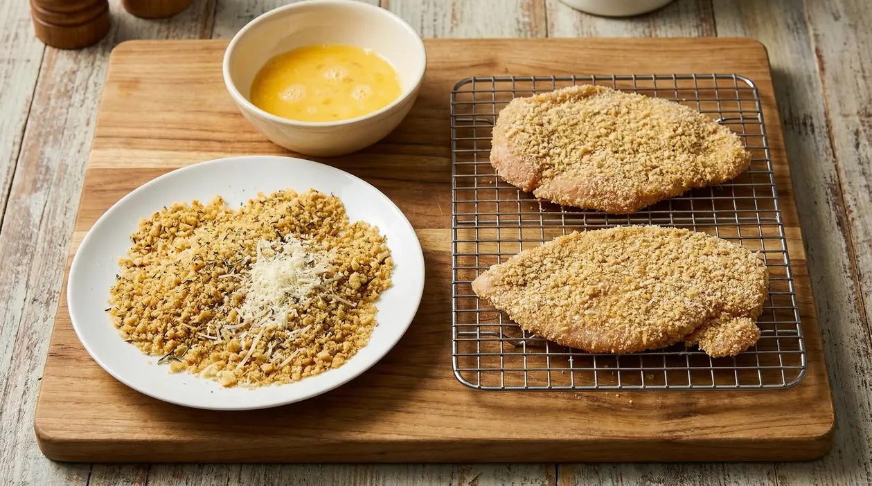 Cotoletta impanata senza farina su griglia, accanto a uova sbattute e panatura croccante su piatto