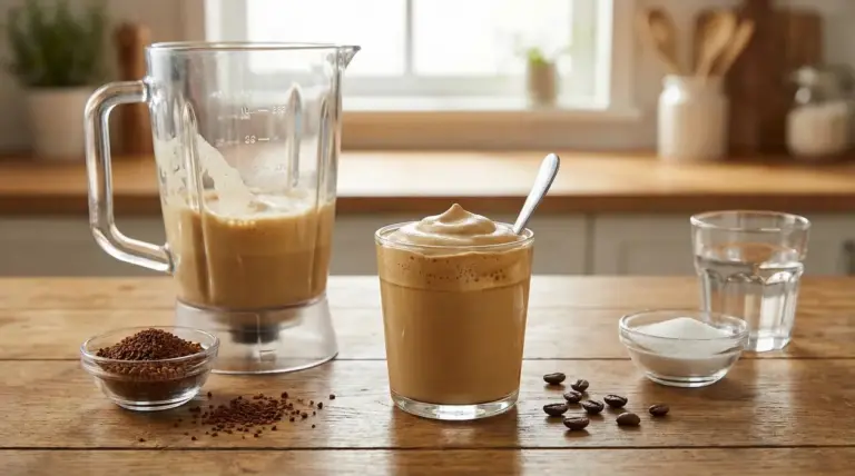 Crema al caffè in un bicchiere con cucchiaio accanto a frullatore e ingredienti su tavolo di legno