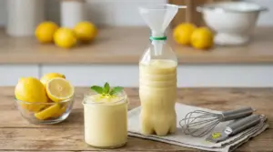 Crema al limone in un barattolo di vetro e bottiglia di plastica riutilizzata su un tavolo con limoni