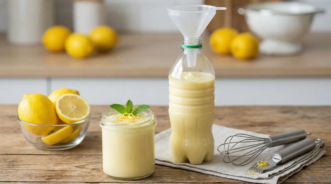Crema al limone in un barattolo di vetro e bottiglia di plastica riutilizzata su un tavolo con limoni