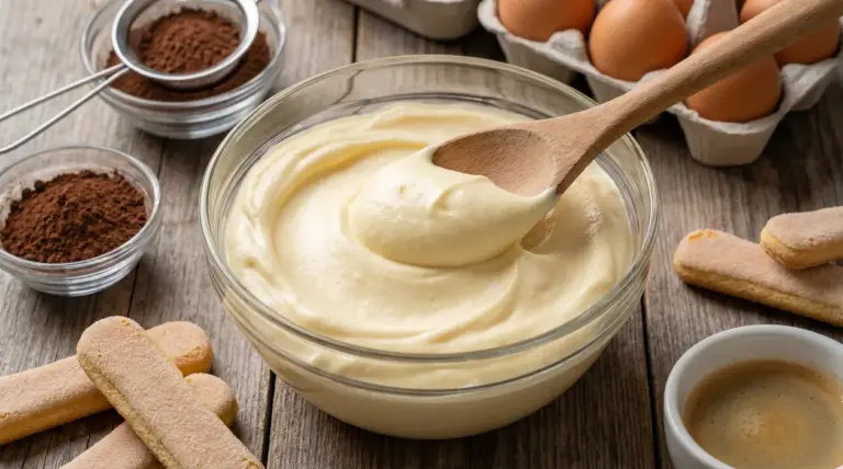 Crema al mascarpone in una ciotola con cucchiaio di legno, circondata da ingredienti per tiramisù