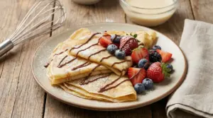 Crepes senza uova servite con frutti di bosco freschi e crema al cioccolato su un piatto di ceramica