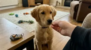 Cucciolo seduto in soggiorno riceve un premio da una persona