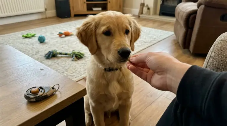 Cucciolo seduto in soggiorno riceve un premio da una persona