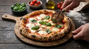 Pizza margherita su tagliere in legno con basilico fresco e una mano che la taglia