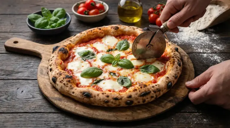 Pizza margherita su tagliere in legno con basilico fresco e una mano che la taglia