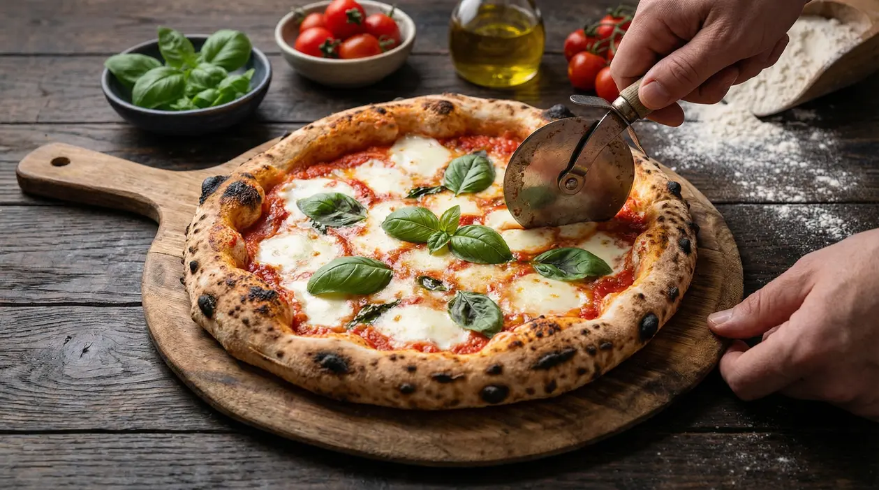 Pizza margherita su tagliere in legno con basilico fresco e una mano che la taglia