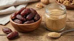 Ciotola di datteri vicino a un barattolo di zucchero di dattero su un tavolo in legno