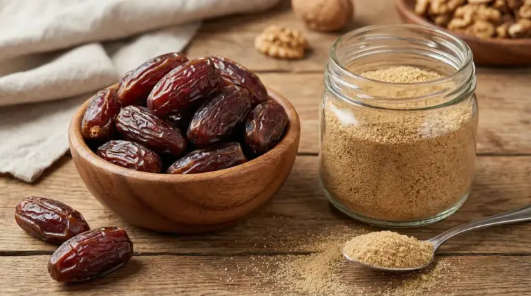 Ciotola di datteri vicino a un barattolo di zucchero di dattero su un tavolo in legno