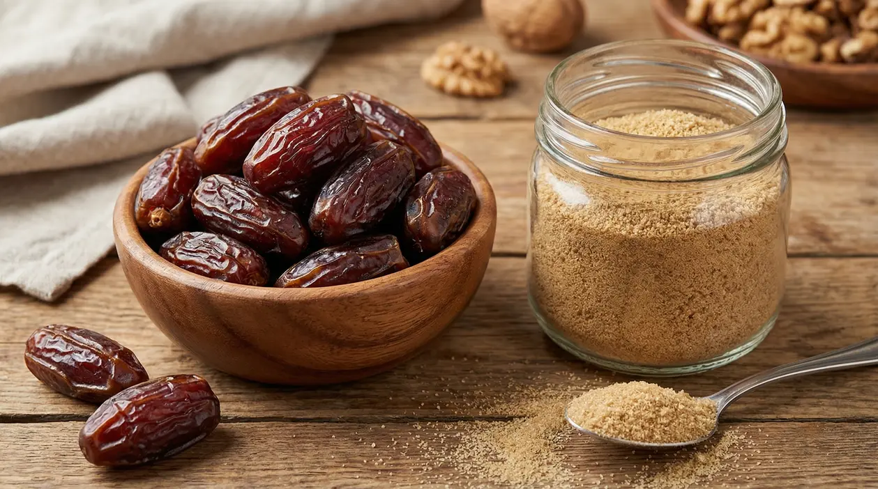 Ciotola di datteri vicino a un barattolo di zucchero di dattero su un tavolo in legno
