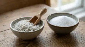 Due ciotole di sale su un tavolo di legno, una con sale grosso e una con sale fino