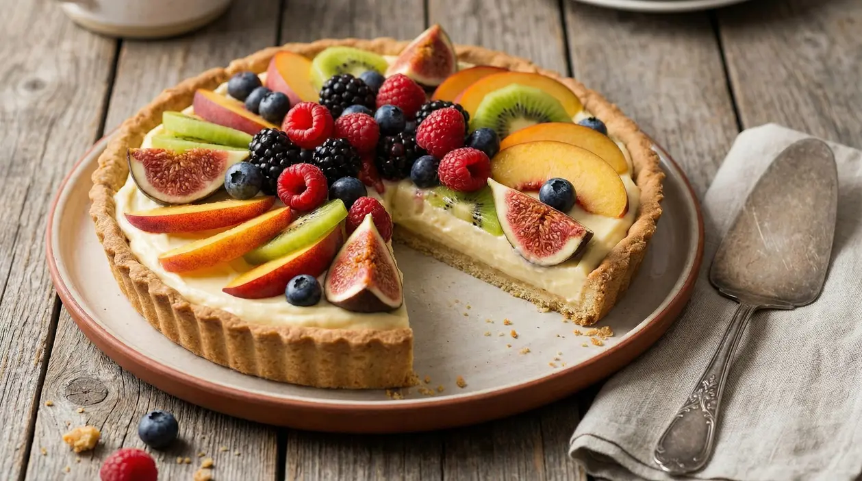 Crostata con crema e frutta fresca su un piatto di ceramica appoggiato su un tavolo in legno