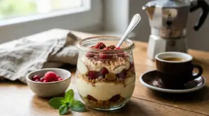 Dolce veloce al cucchiaio con crema, biscotti e lamponi servito in barattolo di vetro