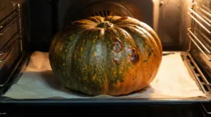 Una zucca intera posizionata su una teglia all'interno di un forno acceso