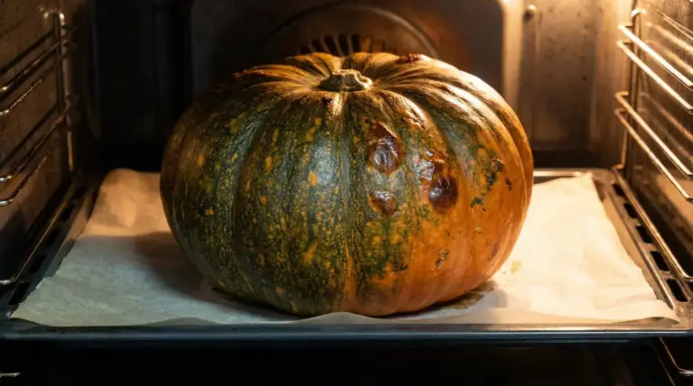 Una zucca intera posizionata su una teglia all'interno di un forno acceso