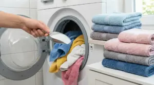 Una mano aggiunge detersivo in polvere a una lavatrice piena di asciugamani colorati