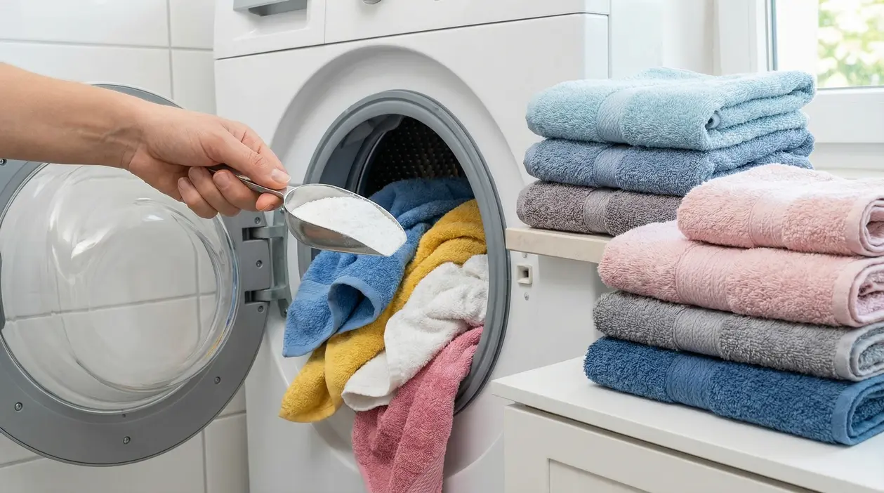 Una mano aggiunge detersivo in polvere a una lavatrice piena di asciugamani colorati