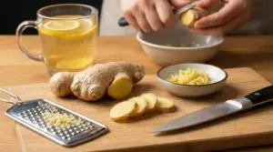 Preparazione dello zenzero fresco con grattugia, tè al limone e utensili da cucina su un tagliere