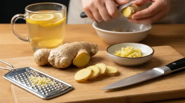 Preparazione dello zenzero fresco con grattugia, tè al limone e utensili da cucina su un tagliere