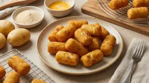 Crocchette di patate dorate su un piatto, con ingredienti come patate e pangrattato sullo sfondo