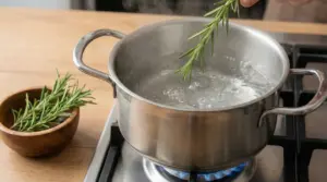 Rametto di rosmarino inserito in una pentola d'acqua in ebollizione su un fornello