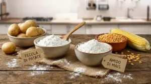 Ciotole con fecola di patate e amido di mais su un tavolo in cucina