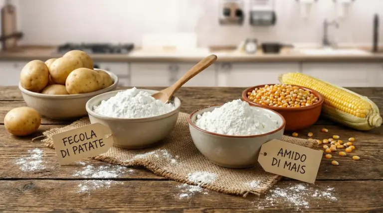 Ciotole con fecola di patate e amido di mais su un tavolo in cucina