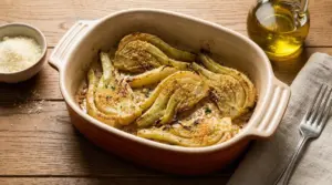 Finocchi al forno dorati in una teglia con pangrattato e formaggio