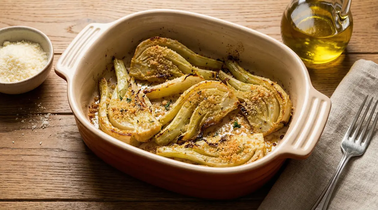 Finocchi al forno dorati in una teglia con pangrattato e formaggio