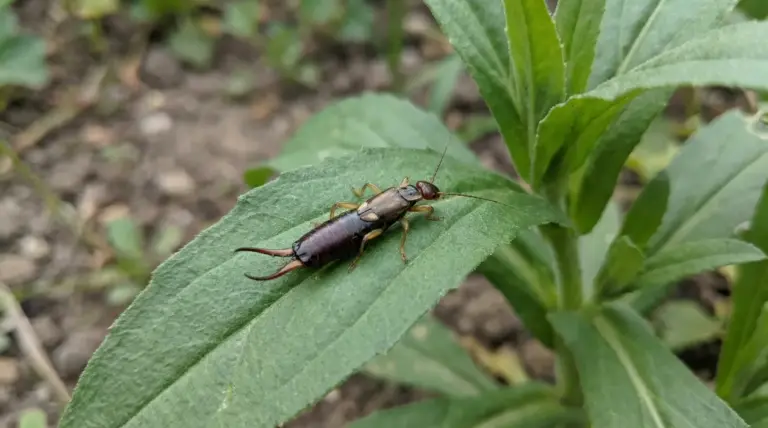 Insetto noto come forficula su una foglia verde in giardino