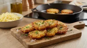 Frittelle di patate dorate servite su un tagliere di legno con prezzemolo e sale grosso