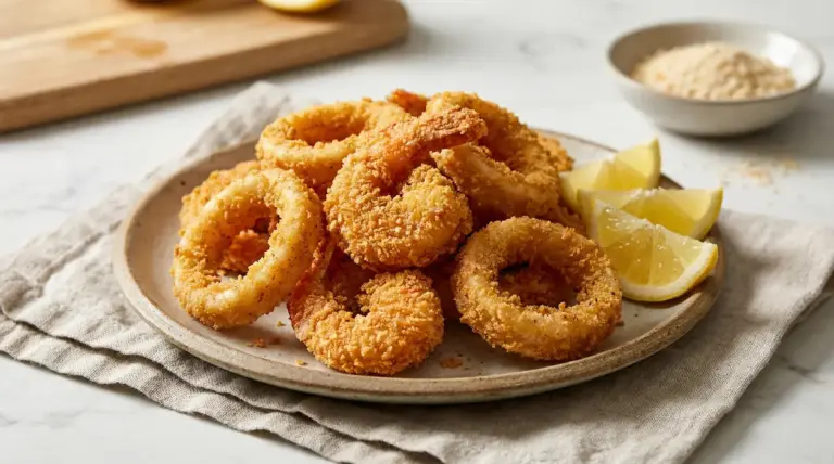 Frittura croccante di anelli di calamaro e gamberi dorati serviti con spicchi di limone