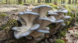 Funghi simili a ostriche che crescono su un tronco in un bosco