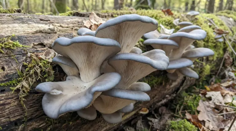 Funghi simili a ostriche che crescono su un tronco in un bosco