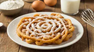 Funnel cake di Carnevale spolverato con zucchero a velo su un piatto bianco