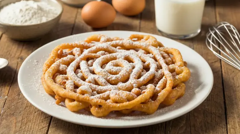 Funnel cake di Carnevale spolverato con zucchero a velo su un piatto bianco