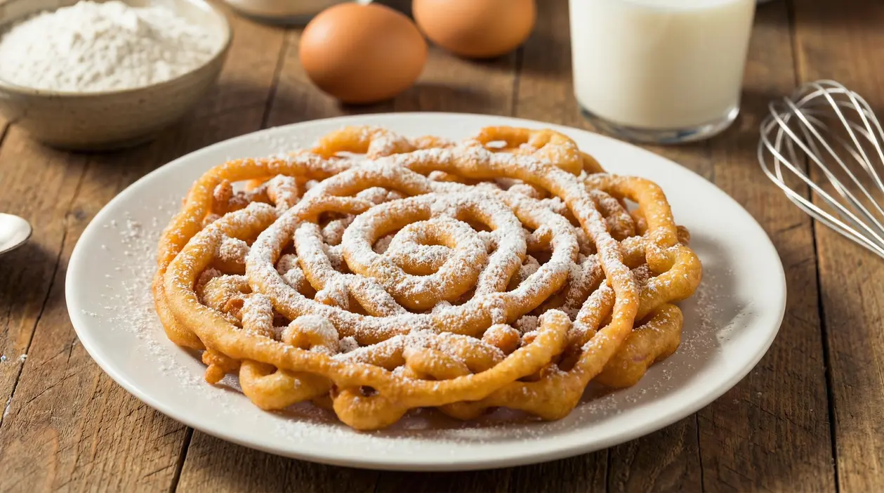 Funnel cake di Carnevale spolverato con zucchero a velo su un piatto bianco