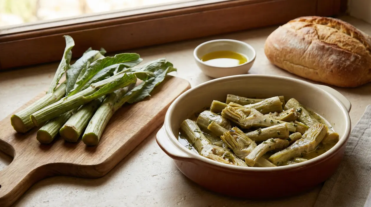 Gambi di carciofi crudi su tagliere e carciofi cotti in tegame con pane e olio d'oliva