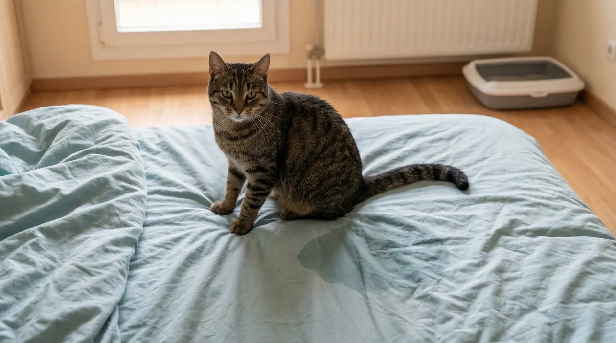 Gatto tigrato seduto su un letto con una macchia visibile sulle lenzuola